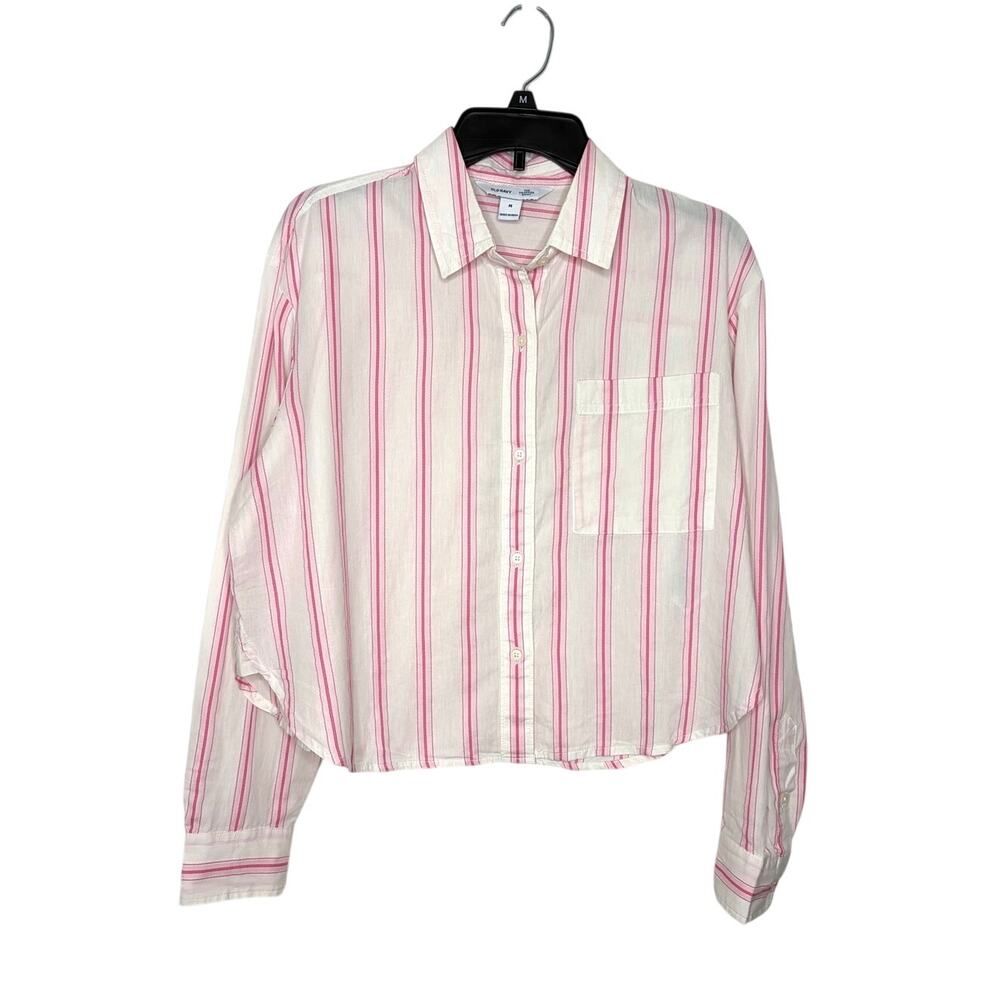 Old Navy Cropped Button Down Shirt Women's Sz M Long Sleeve Seena Striped NWT